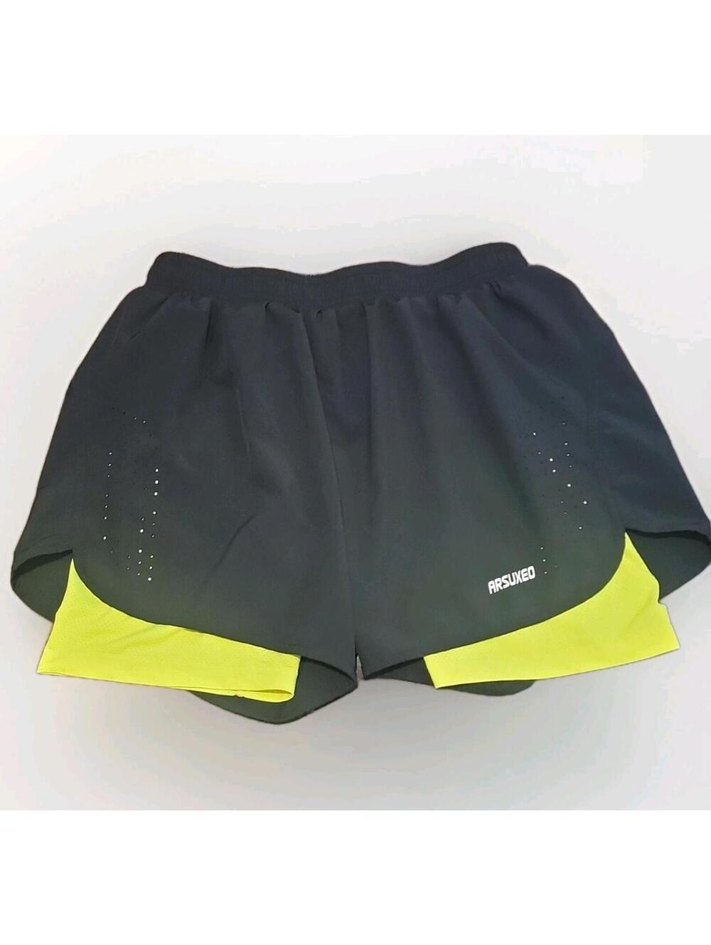 ARSUXEO Men's Mesh Athletic Shorts Black Yellow XL Elastic Waist Pockets 144